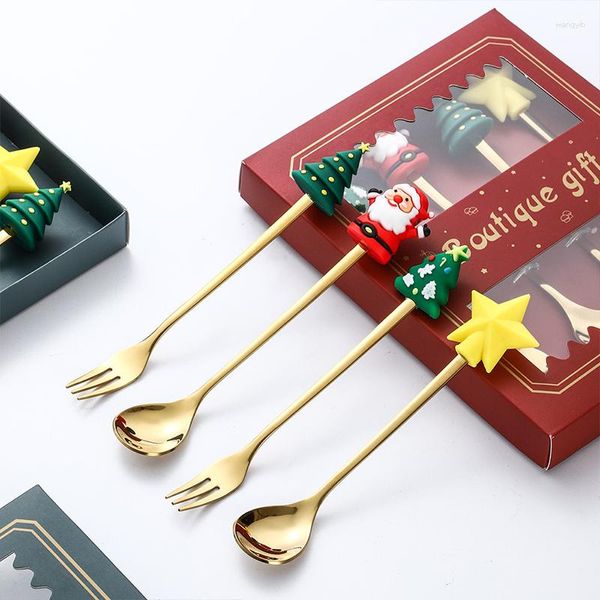 Set di stoviglie Set di cucchiai e forchette di Natale Posate in acciaio inossidabile Caffè Dessert Frutta Maniglia di cartone animato Tavolo da pranzo Regali