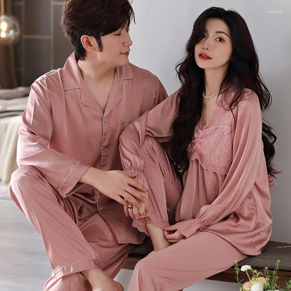 Pijamas masculinos primavera outono casal pijamas manga longa calças de cetim conjuntos amantes respirável loungewear roupas de casa