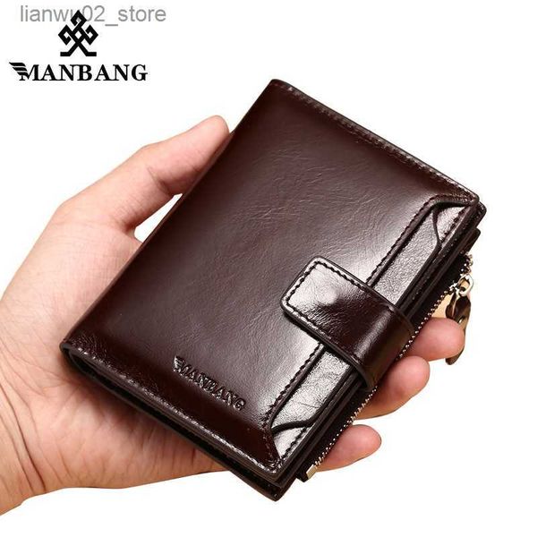 Clipes de dinheiro ManBang Couro Genuíno Homens Carteiras Moda Trifold Carteira Zip Coin Bolso Bolsa De Couro Homem Carteira de Alta Qualidade Q230921