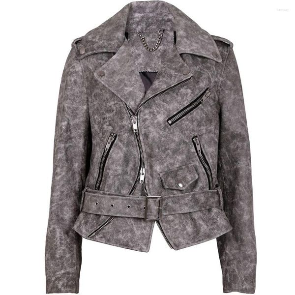 Yoloagain couro feminino 2023 outono vintage cinza moto biker jaqueta feminina real streetwear