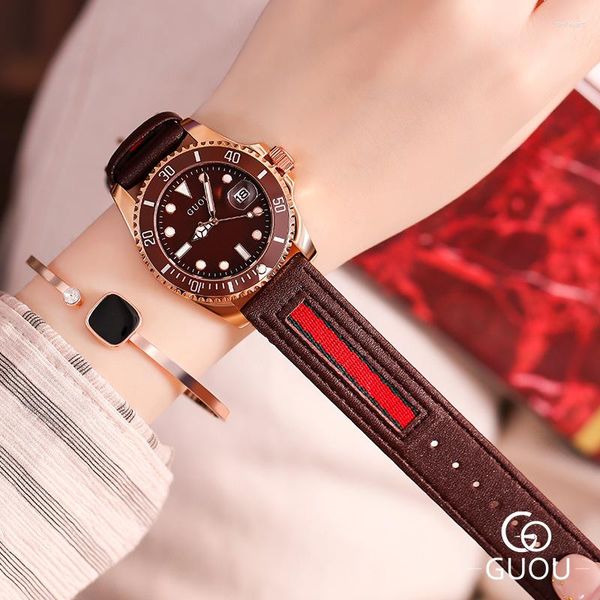 Armbanduhren 2023 Mode Dame Runde Zifferblatt Uhren Kalender Echte Ledergürtel Damen Quarz G8077