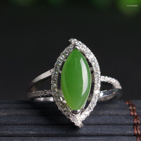 Anelli a grappolo Anello di giada verde reale Hetian ridimensionabile Smeraldo 925 gioielli in argento sterling con diamanti diamanti