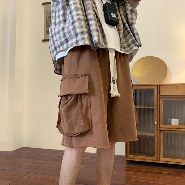 Männer Shorts Japanischen Stil Große Tasche Werkzeug Overalls Sommer Ausgefranste Breite bein Lose Casual High Street Fünf-punkt Hosen männlichen Sportswear