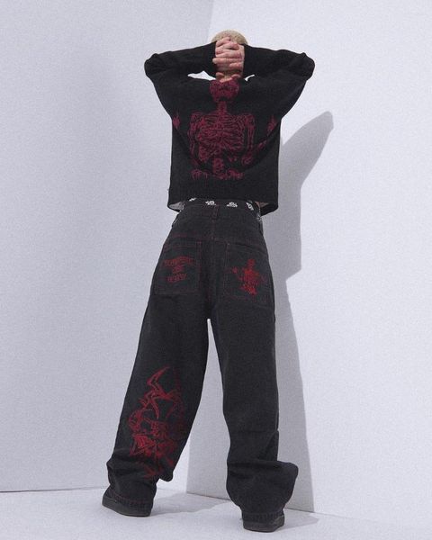 Erkek kot y2k hip hop retro kafatası nakış yıkanmış bülbeli denim pantolon düz rahat gevşek geniş bacak pantolon sokak kıyafeti q2r3