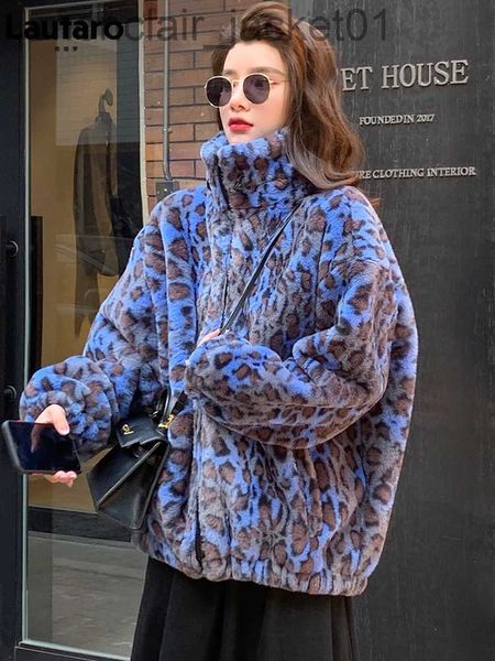 Pele feminina pele sintética Lautaro inverno oversized colorido leopardo impressão casaco de pele falsa feminino manga comprida zip up quente macio fofo jaqueta moda coreana j230921