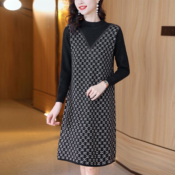 Outono inverno escritório senhora gráfico blusas vestido 2023 manga longa contraste cor férias vestidos de malha fino elegante mulheres designer o-pescoço magro midi vestidos