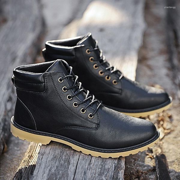 Botas outono inverno couro masculino tornozelo resistente ao desgaste antiderrapante homens moda preto rendas trabalho chaussure homme