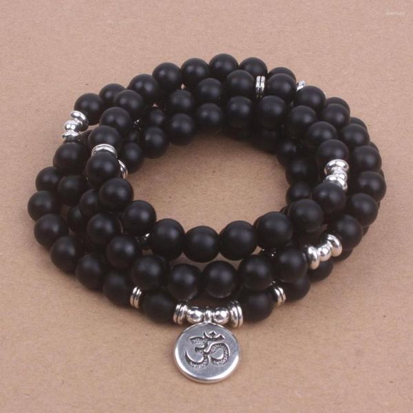 Charme pulseiras preto fosco onyx contas com lótus om buda yoga pulseira pedra natural 108 mala jóias presente mulheres homens