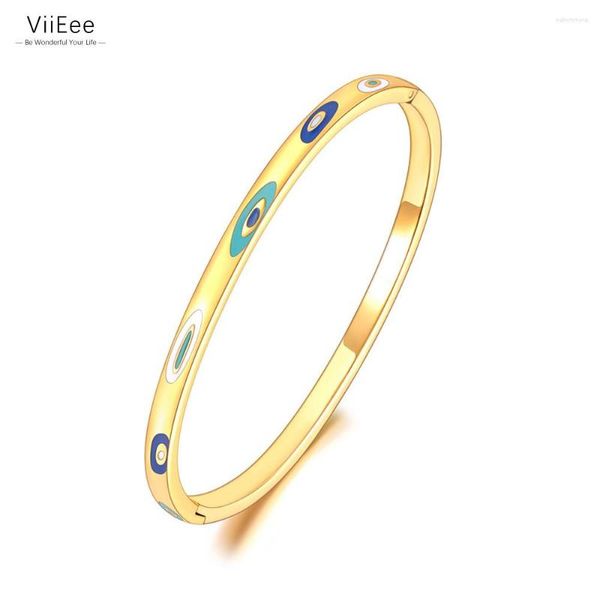 Bangle Viieee Pintado Esmalte Olho Turco Pulseira de Declaração de Aço Inoxidável para Mulheres À Prova D 'Água Jóias de Cor Dourada VB23109