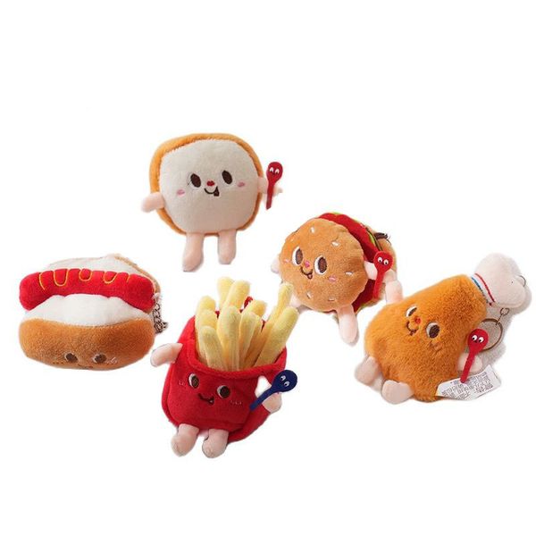 Portachiavi di peluche all'ingrosso 40 pz / lotto carino 10 cm hamburger cane patatine fritte giocattoli di peluche farcito piccolo ciondolo portachiavi casa da gioco cibo regali 230921