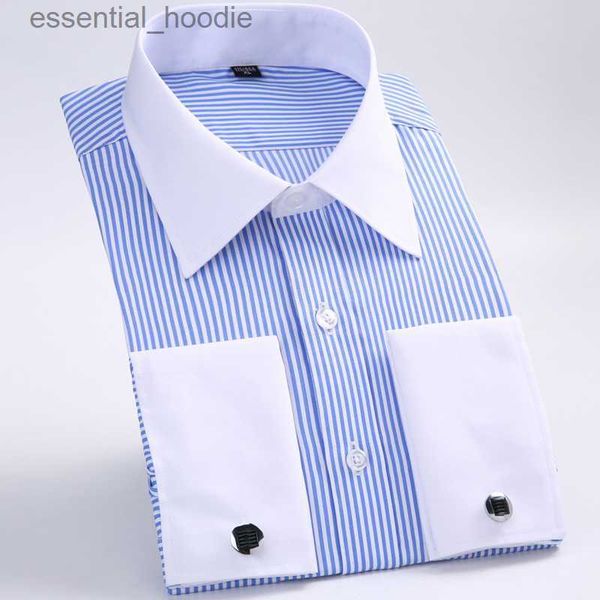 Мужские платья рубашки мужские классические французские манжеты полосатой рубашка для одиночной патч-карманные свадебные рубашки с длинным рукавом (в комплекте запончика) L230921