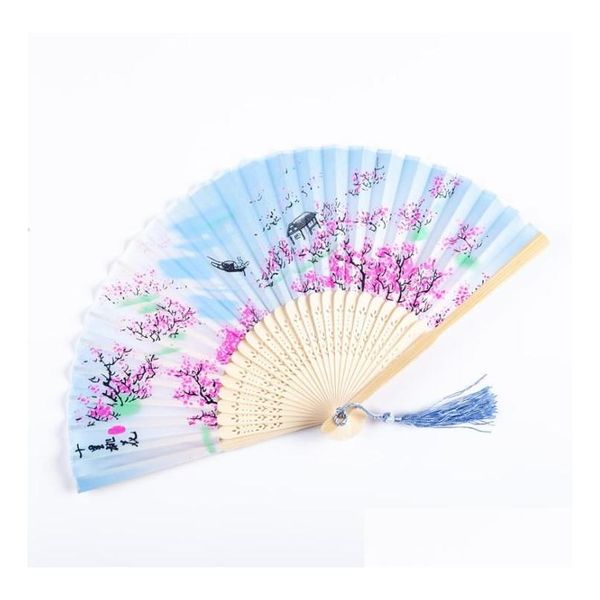 Летний винтажный складной бамбуковый веер для вечеринки в китайском стиле, ручные вееры с цветами, танцевальный свадебный декор Sn2652, Прямая доставка на дом Dhqku