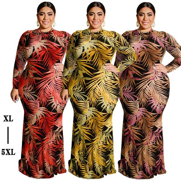 Árabe dubai plus size vestido longo apertado sexy saco hip oco cintura vestido de mangas compridas folha impressão longo vestido feminino 252q