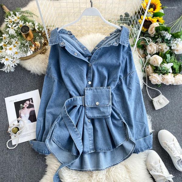 Freizeitkleider Damen Jeanshemd Kleid Träger Taille Dünn Einreihig Taschen Jacke Cowboy Blusen Gürtel Strickjacke A-Linie Vestido