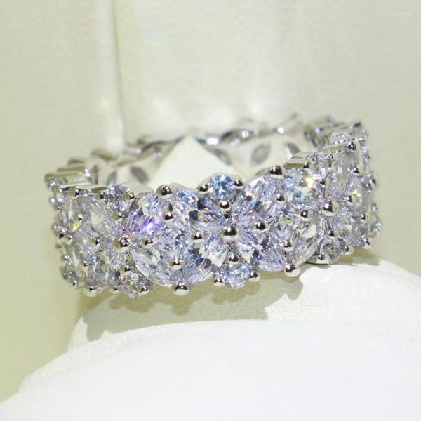 Anéis de cluster marca espumante jóias de luxo completa marquise 5a zircônia 925 prata esterlina festa de casamento anel de banda de flor para presente feminino