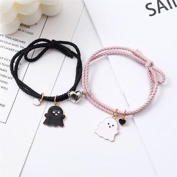 Link pulseiras 2 pçs/set fantasma pingente pulseira para mulheres menina amizade coração artesanal tecido esconder corda casal jóias presentes