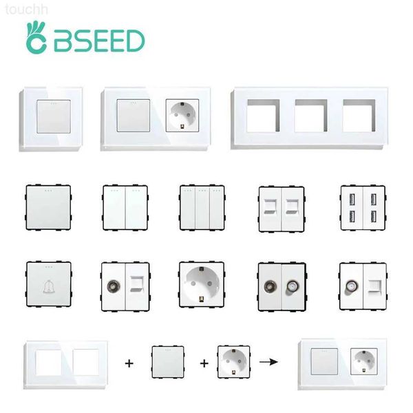 Soquetes BSEED Interruptores de luz de parede Peças Molduras de vidro branco Módulo de função de soquetes USB DIY EU CAT5 TV Soquetes Power ST TEL Outlet Parts L230921