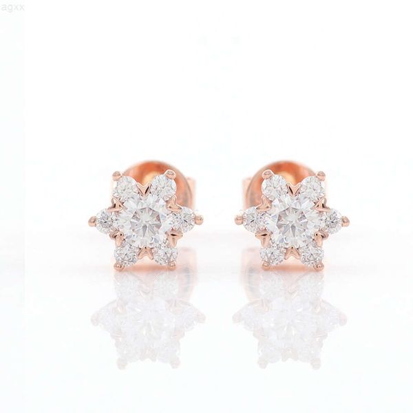 Оптовая продажа, модные серьги-гвоздики с блестящими бриллиантами в форме снежинки из муассанита, розовое золото 14 карат