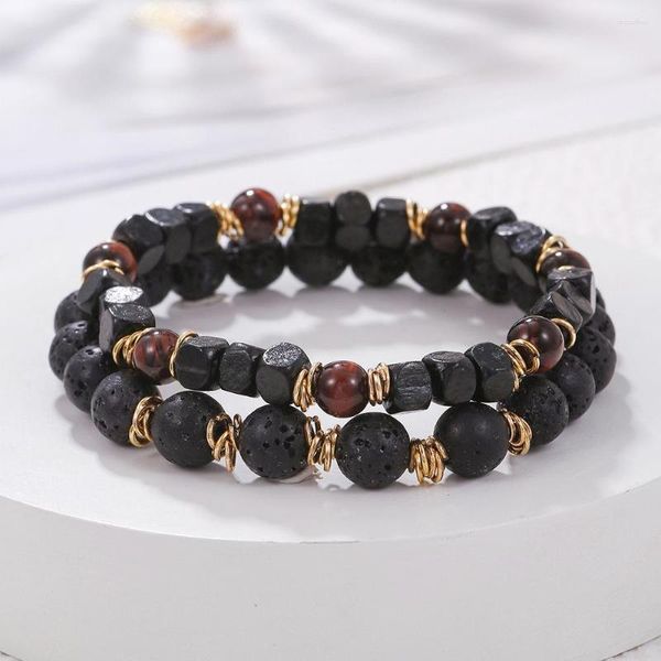 Link Armbänder natürliche Original Lava -Steinsteine Armband für Frauen Männer Charme Red Tiger Eye Handgefertigte Elastizität Seilschmuckgeschenk