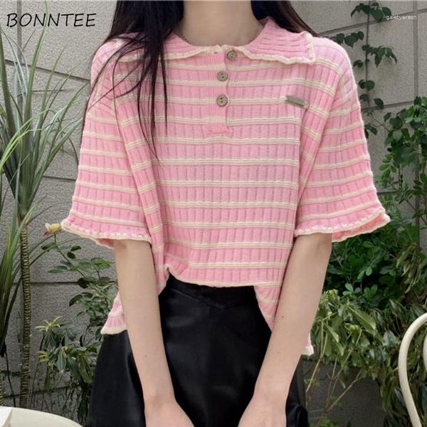Camisetas femininas camisetas camisetas mulheres tricô de verão tops listrados doces garotas design chique na moda lazer de estilo coreano