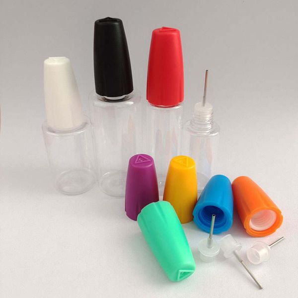 Bunte Kappen, Lochflaschen, Dampf, 10 ml, 15 ml, 20 ml, 30 ml, mit Kapuze, leerer PET-Tropfer, lange, dünne Nadel, scharfe Zunge, transparent, für ätherische Öle, Saft, Flüssigkeit, Tropfenpackung