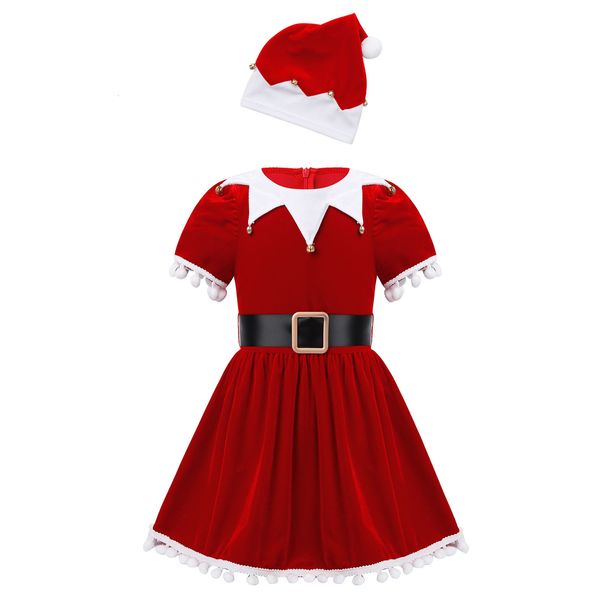 Vestidos da menina criança meninas natal elf traje papai noel fantasia vestido de festa de natal roupa festiva princesa borla tutu vestido com cinto de chapéu 230920