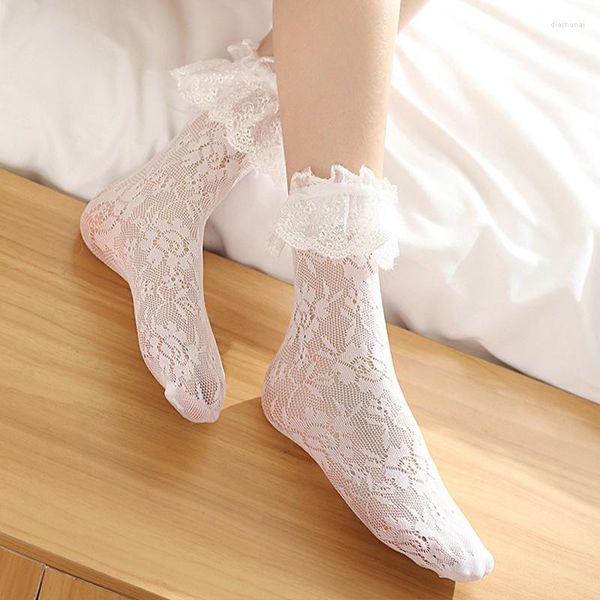 Mulheres meias menina fina lolita princesa renda vintage senhoras plissado tornozelo bonito com pilha feminino