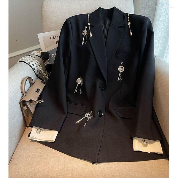 Kadınlar Suits Kadınlar Bahar Sonbahar Elmaslar Anahtar kolye püsküller siyah blazer ceket rhinestones boncuklu zincir saçaklı ceket ol kaligan üstleri