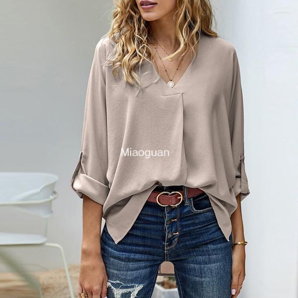 Dames Blouses Oversized Elegant Klassiek OL Werkblouse Herfst Shirt met lange mouwen 2023 Stijlvol V-hals Effen Top Informeel Ruimvallend Comfortabel