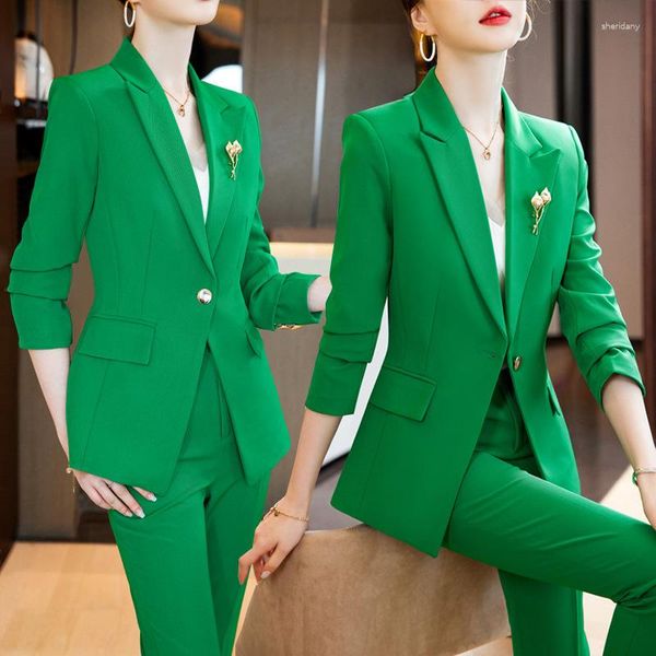 Kadınlar İki Parçalı Pantolon Kadın Blazer Pantolon Setleri Yeşil Sarı Siyah Kayıtlı Ceketli Pantolon Takım Ofis Bayanlar İş İş Giyim Formal 2 Set