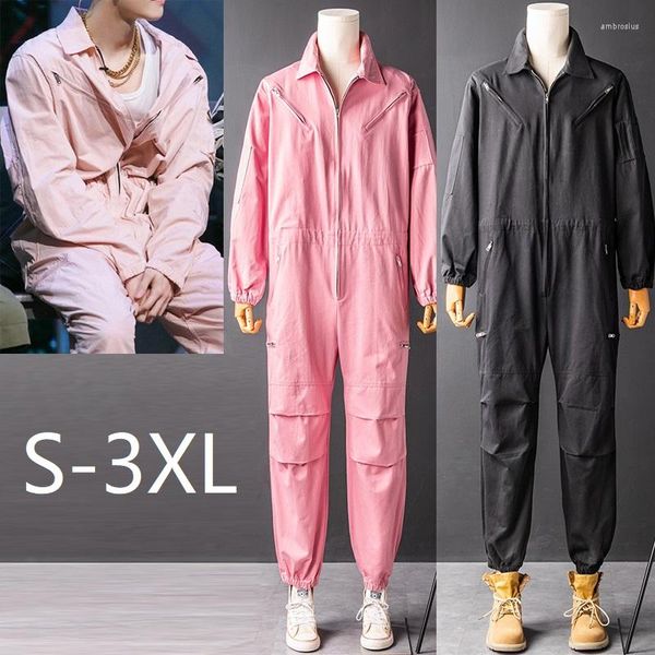 Calças masculinas macacão lapela manga longa multi-bolso tornozelo comprimento feixe pés macacão moda preto rosa frete calças carga calças3xl