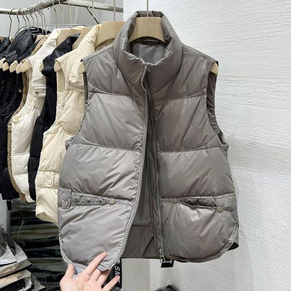 Damenwesten Herbst Winter Daunenweste Jacken für Frauen Ultraleichter Stehkragen Beige ärmelloser Baumwollmantel Parka Damen warme Weste