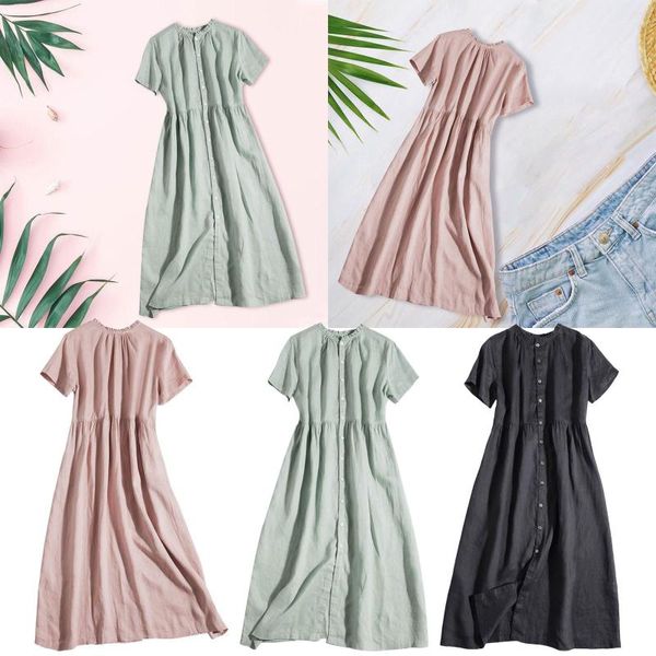 Vestidos casuais mulheres linho vestido de manga curta grande saia de balanço com colarinho dois desgaste verão cardigan longo