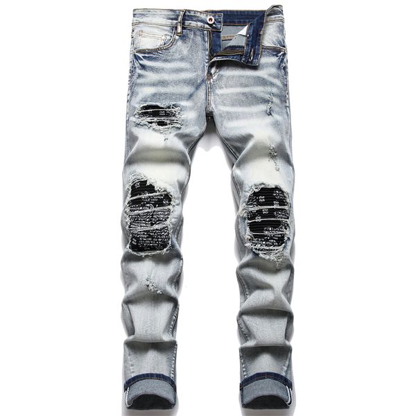 Jeans da uomo Uomo Biker Streetwear Paisley Bandana Stampa Patch Pantaloni in denim elasticizzato Fori patchwork Pantaloni neri dritti slim strappati 230921