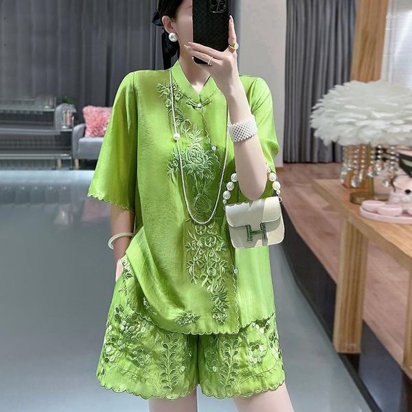 Roupas étnicas Verão de Alta Qualidade Estilo Chinês Rayon Bordado Colarinho Meia Manga Top Shorts Elegante Conjunto de Duas Peças S-XXL