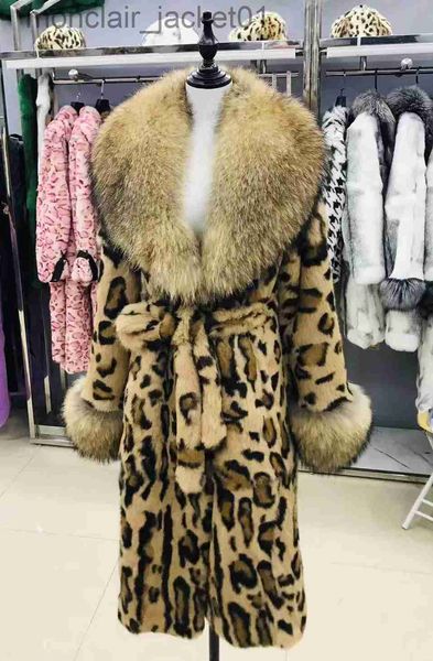 Pele feminina pele falsa mulheres real pele de coelho leopardo impressão casacos com gola de lapela de raposa natural pele inteira genuína pele longa jaquetas sobretudo inverno j230921