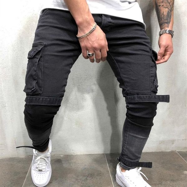 Skinny Biker Jeans Uomo Multi-tasca Fasciatura Slim Cargo Pantaloni da jogging per uomo Moto Hip hop Streetwear Swag Denim Pants272H