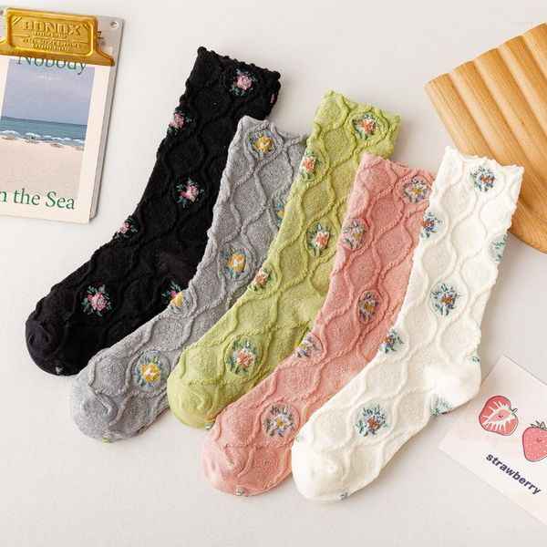 Frauen Socken 1 Paar Korea Mode Elegante Frau Schöne Blumen Harajuku Vintage Ethnische Baumwolle Candy Farbe Studenten Mädchen Kleid Sox herbst