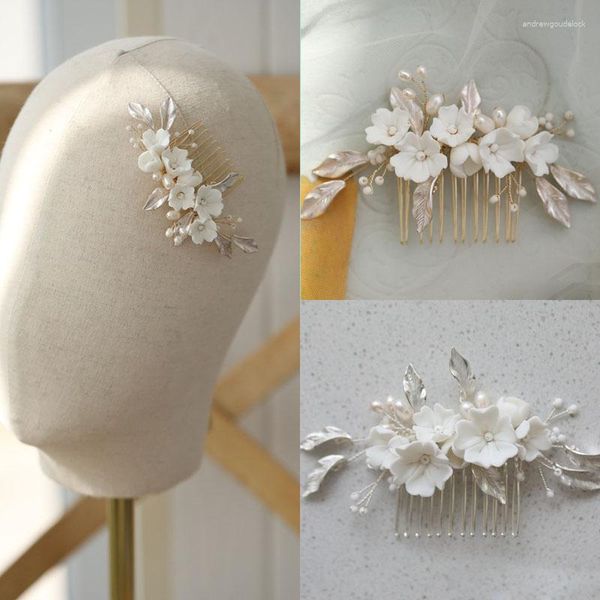 Fermagli per capelli Floralbride Lega fatta a mano Cristalli Strass Perle Fiore Foglia Pettine da sposa Accessori da sposa Gioielli da donna