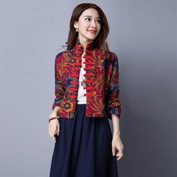 Ethnische Kleidung Frauen Rotes Blumenhemd Vintage Bluse Traditionelle chinesische Tang Orientalische Tops Retro Stehkragen Mantel257U