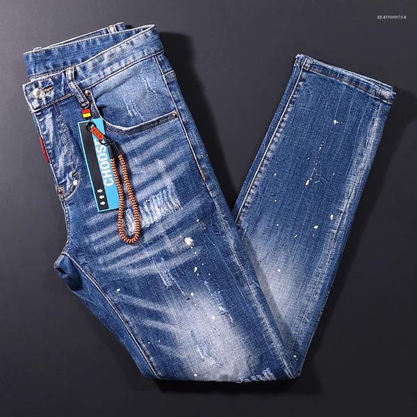 Jeans da uomo High Street Fashion Uomo Retro lavato blu elastico slim fit strappato pantaloni a matita in denim firmati vintage Hombre