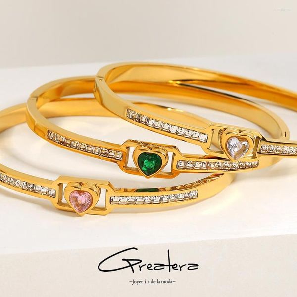 Bangle Greatera Branco Rosa Verde Coração Zircon Pulseiras de Aço Inoxidável para Mulheres Banhado A Ouro Charme Jóias Presente do Dia dos Namorados