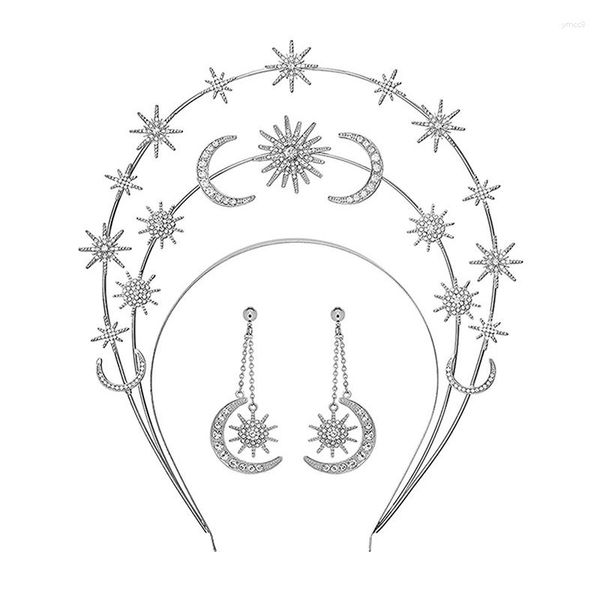 Haarspangen Krone Kopfschmuck mit Ohrringen Stern Mond Göttin Stirnband Tiaras für Frauen Boho Hochzeit Haarband