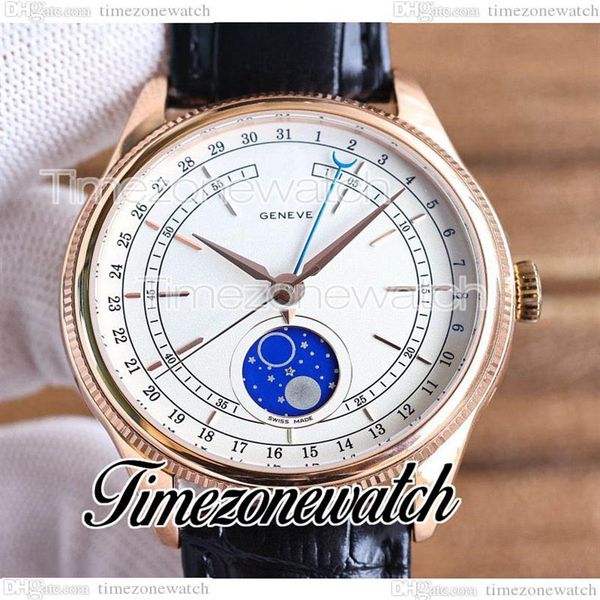 Cellini Aerolite Moon Phase 50535 Automatik-Herrenuhr, 39 mm, Roségoldgehäuse, weißes Zifferblatt, Lederarmband, neue Uhren, TWRX Timezonewatch274P