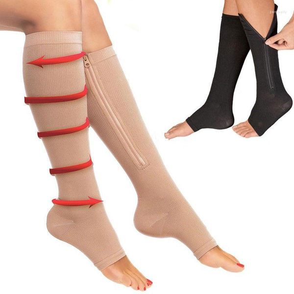 Mulheres meias com zíper meias de compressão menwomen pressão náilon joelho unisex apoio perna estiramento dedo do pé aberto longo