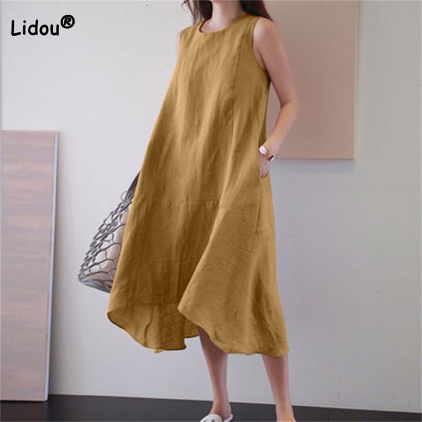 Plus Size Vestidos Verão Vintage Redondo Pescoço Bolsos Vestido Sem Mangas Tamanho Solto Cor Sólida Long Swing Tank Top Algodão Linho para Mulheres 230920