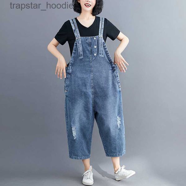 Kadın Tulumları Tulumlar #1410 Yaz Tulumları Denim Pamuk Geniş Bacak Tulumları Kadınlar İçin Gevşek Delikler Günlük Spagetti Kayışı Yırtıcı Denim Tulum Ladies L230921