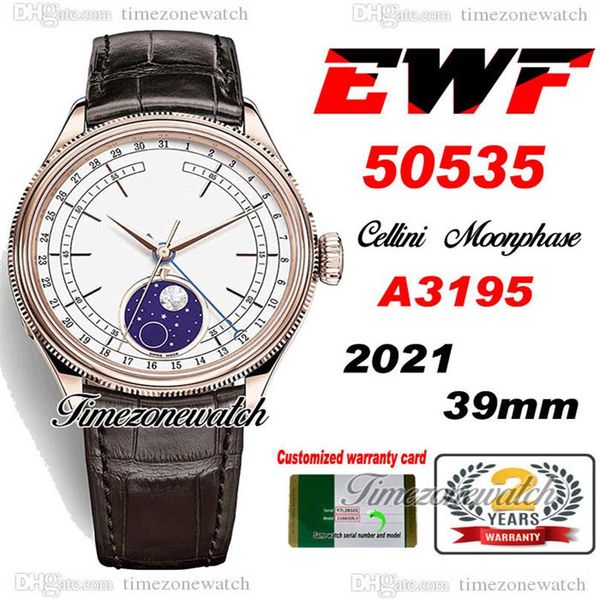 EWF Cellini Moonphase 50535 A3195 Otomatik Erkekler İzle Gül Altın Beyaz Kadran Gerçek Meteorite Kahverengi Deri Süper Edition Aynı Seriler273D