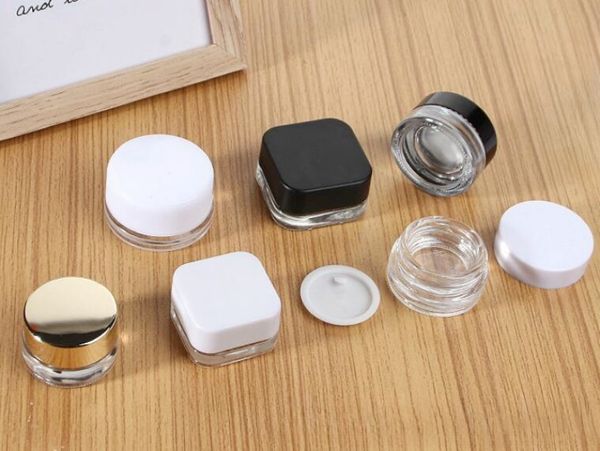 frasco de vidro transparente preto branco 9g recipiente de concentrado de colofónia de cera quadrada redonda creme para os olhos creme para os lábios bálsamo labial cosmético embalagem de amostra pequena logotipo de impressão personalizado