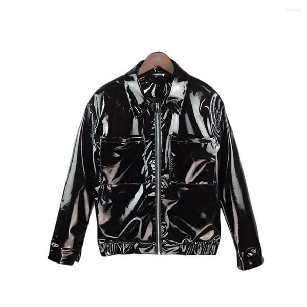 Jaquetas masculinas Mens Brilhante PVC Jaqueta De Couro Punk Moto Masculino Turn-down Collar Zipper Manga Longa Casaco Stage Show Traje Vinil Fetiche